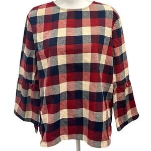 HATCH Red‎ Navy Cream Madeline Plaid Bell Sleeve Flannel Top Maternity Pregnancy